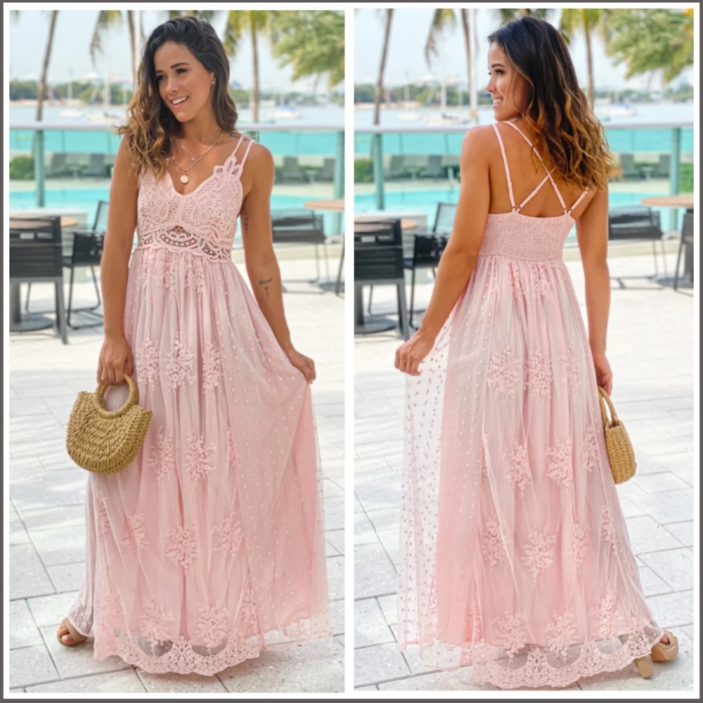 Blush Lace Maxi Dress With Crochet Top - Picture 1 of 2